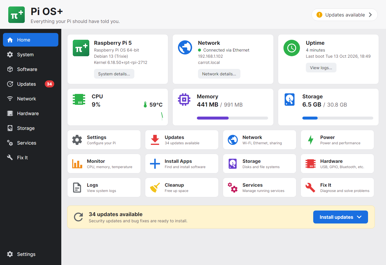 Pi OS+ Home screen with system, network, uptime, CPU, memory and storage cards, twelve tool tiles and an updates banner