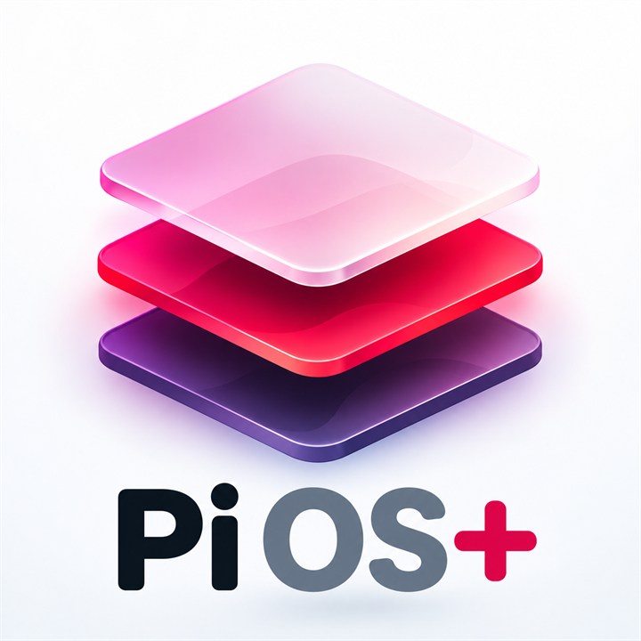 Pi OS+ logo: three layered glass tiles in pink, red and purple