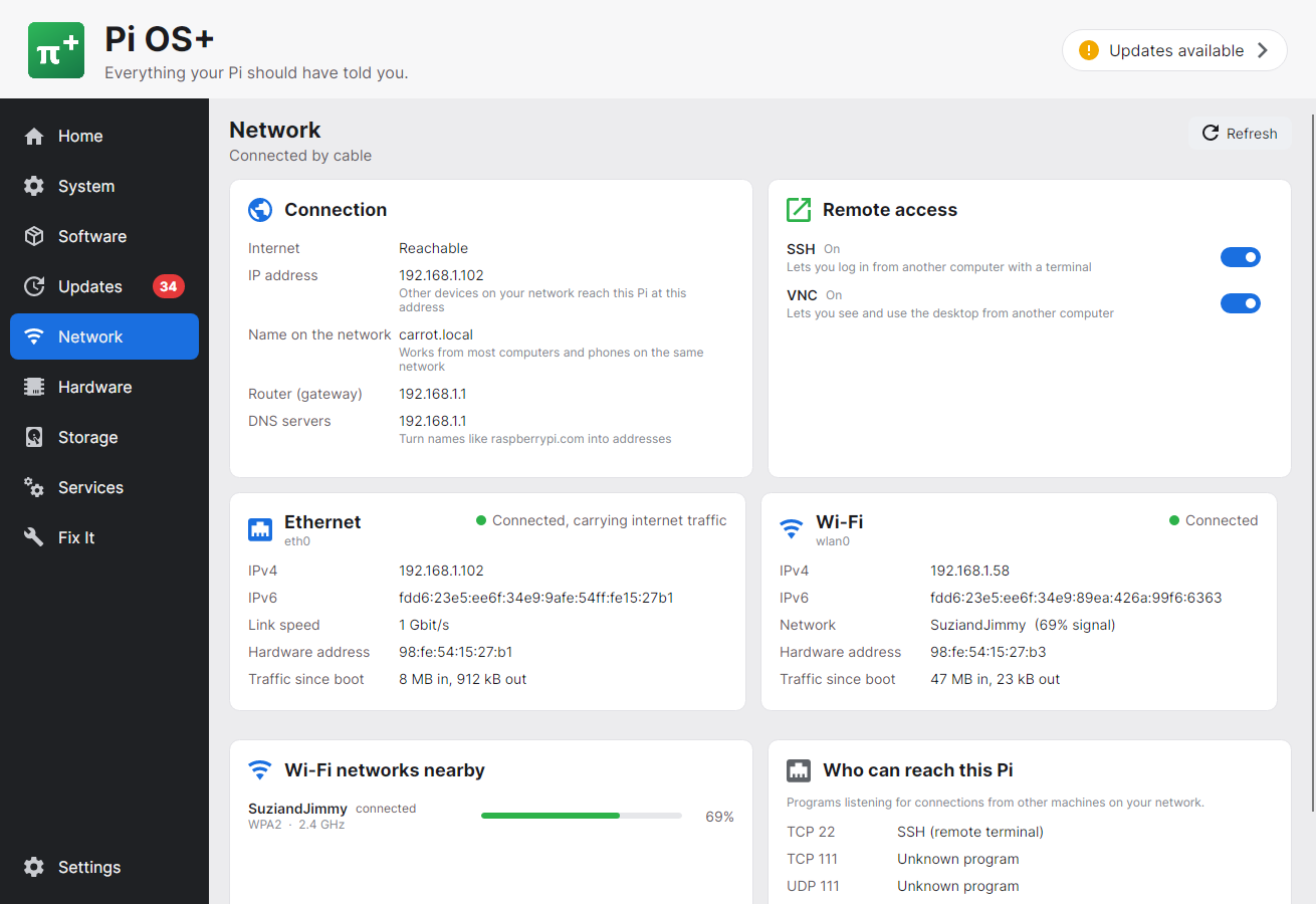 Pi OS+ Network page showing connection details, SSH and VNC toggles, Ethernet and Wi-Fi interfaces, nearby Wi-Fi networks and listening ports